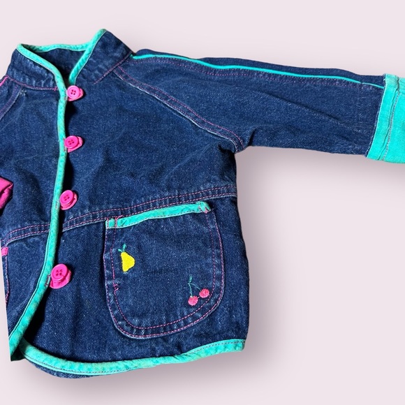 Vintage Baby All Mine Denim Blazer Overall Set Flower Fruit Pink Teal Sz 12 M - Picture 11 of 16